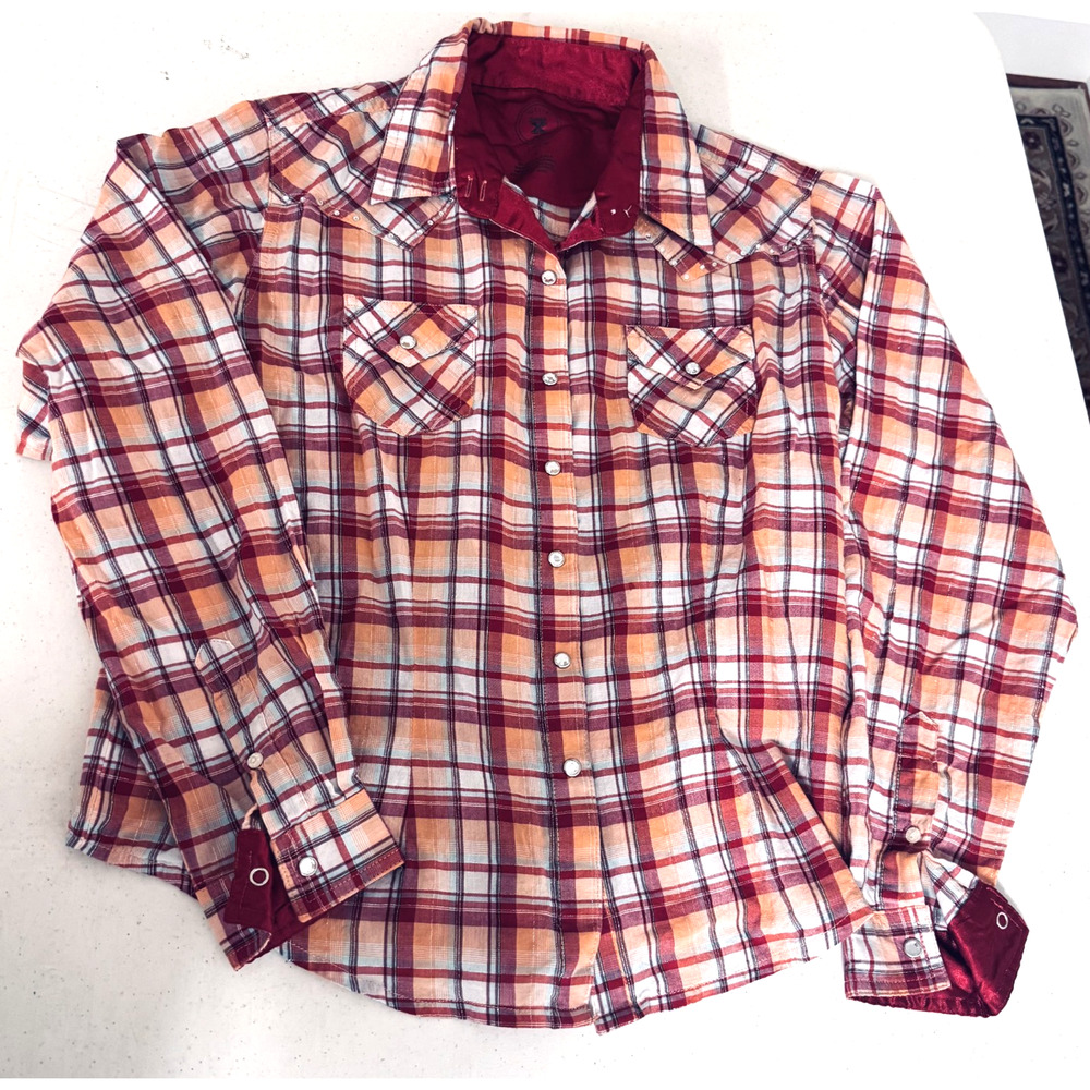 Wrangler 20X Ultra Fit red plaid Rhinestone Snap Shirt L Western‎ Cowgirl rodeo